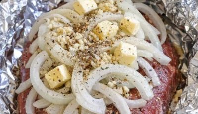 Pile sliced onions and these 4 ingredients over beef for a baked supper I keep craving week after week