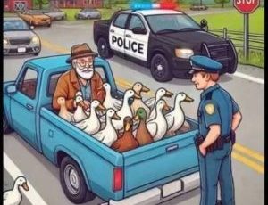Green Pickup Truck with Four Dozen Ducks on Main StreetGreen Pickup Truck with Four Dozen Ducks on Main Street